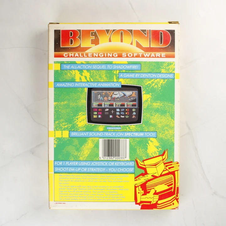 Enigma Force C64 doboz hátlap Az Enigma Force Commodore 64 játék dobozának hátoldala