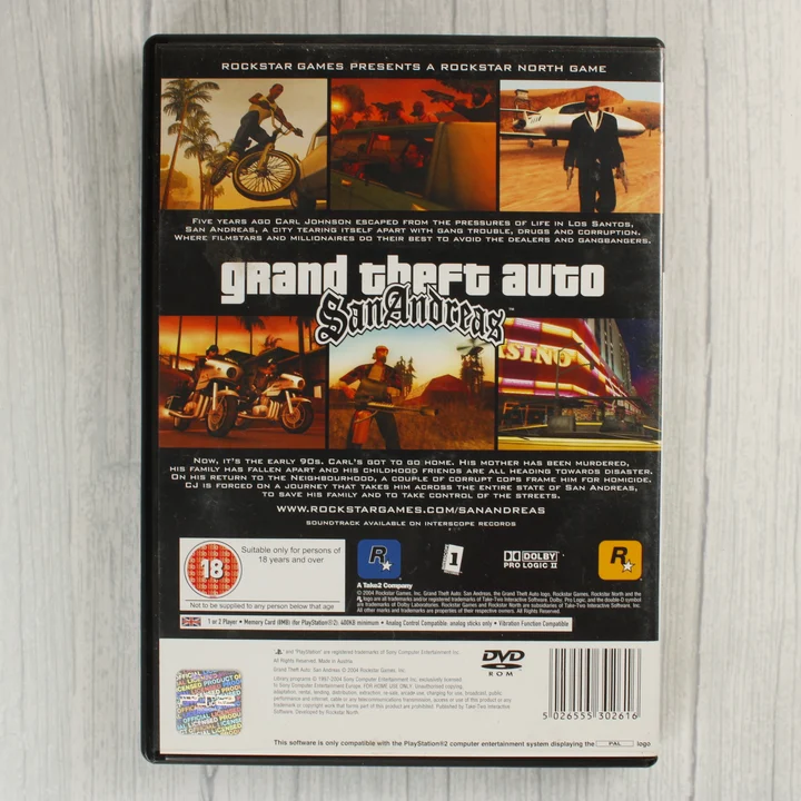 GTA San Andreas PS2 hátlap Grand Theft Auto San Andreas PlayStation 2 játék hátoldala