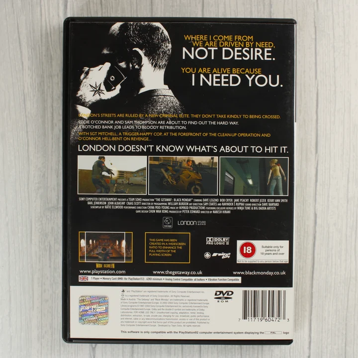 The Getaway: Black Monday PS2 hátlap The Getaway: Black Monday PS2 játék hátlapi borítója