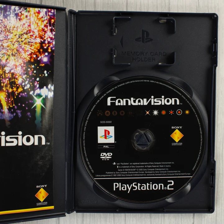 Fantavision PS2 lemez és belső Nyitott PlayStation 2 tok a Fantavision játéklemezzel
