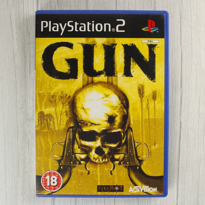 Gun PS2 borító Gun PlayStation 2 játék borítója koponyával és fegyverekkel