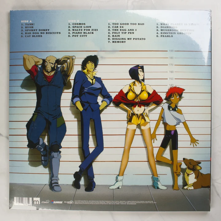 Cowboy Bebop bakelit lemez hátoldala a számlistával és a szereplőkkel
