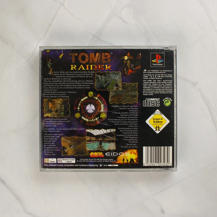 Tomb Raider PS1 Platinum hátlap Tomb Raider PlayStation Platinum videójáték tokja hátulról
