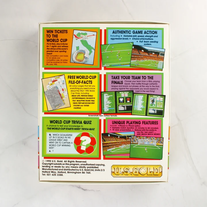 Italy 1990 doboz hátulja Italy 1990 videójáték dobozának hátoldala leírásokkal és képernyőképekkel