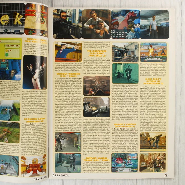 Az 576 Konzol magazin belső oldalai játékismertetőkkel és képernyőfotókkal.