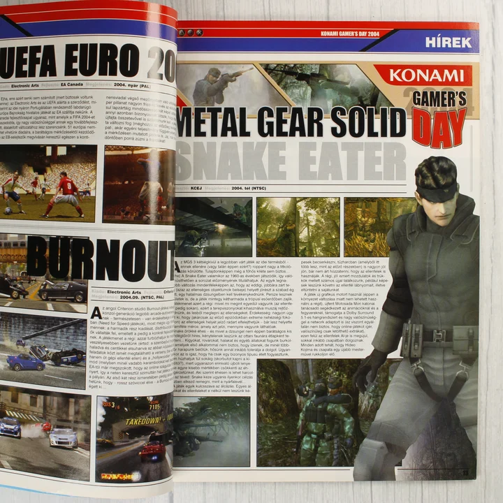 A PS Guru magazin belső oldalai Metal Gear Solid 3 és Burnout ismertetőkkel.