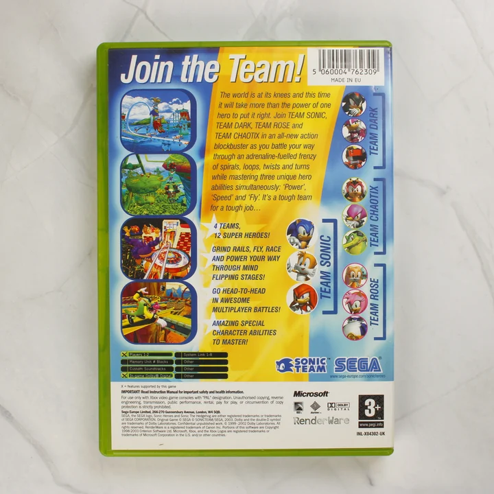 Sonic Heroes Xbox játék hátlapja