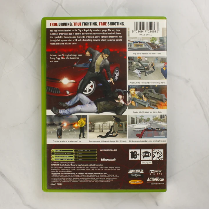 True Crime Streets of LA Xbox hátlap True Crime: Streets of LA Xbox játék hátlapja
