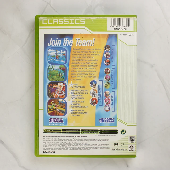 Sonic Heroes Xbox Classics hátlap Sonic Heroes Xbox Classics videójáték hátlapja