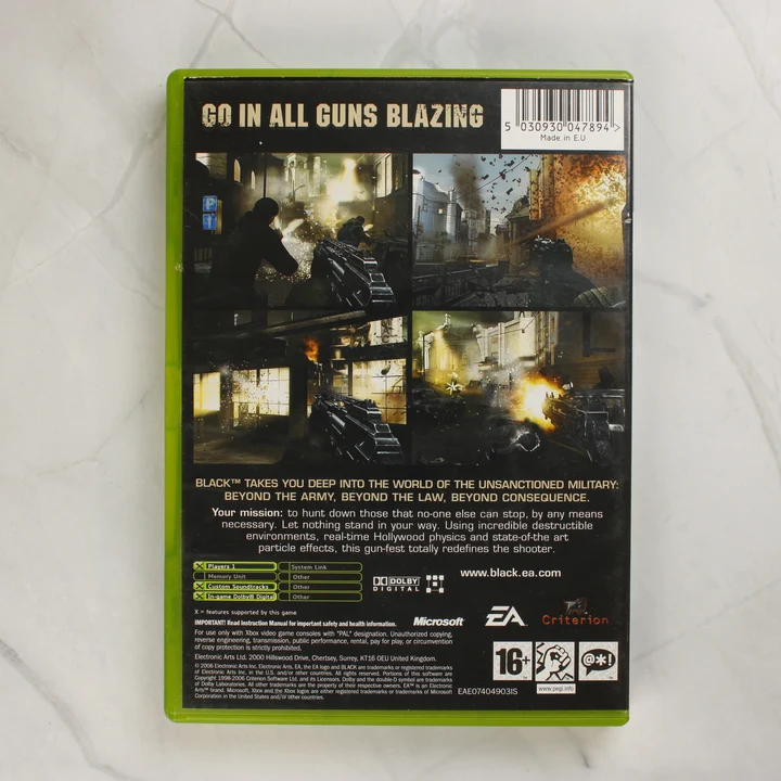 Black videójáték Xbox tok hátnézete