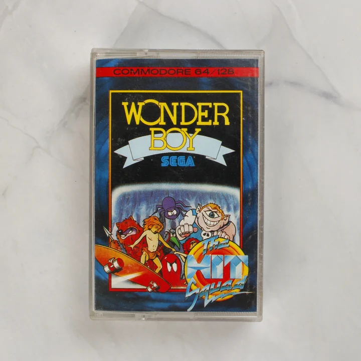 Wonder Boy Commodore 64 videójáték kazetta tokban, elölnézetből.