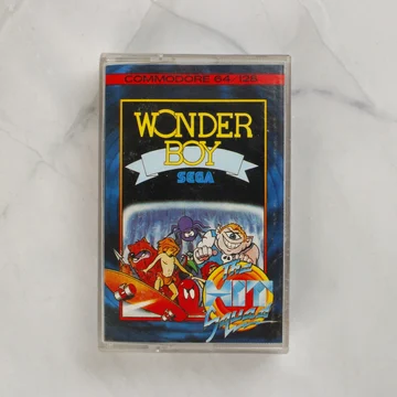 Wonder Boy Commodore 64 videójáték kazetta tokban, elölnézetből.