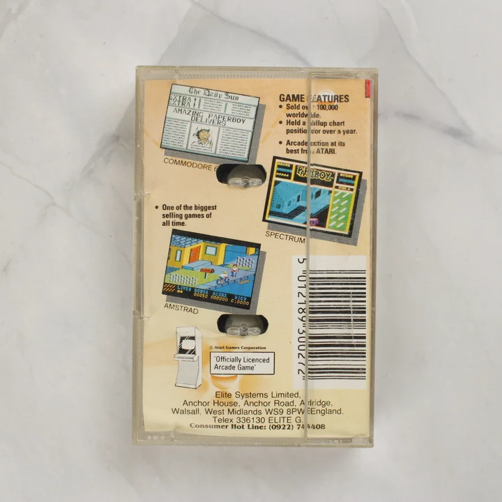 Paperboy videójáték kazetta tokjának hátoldala