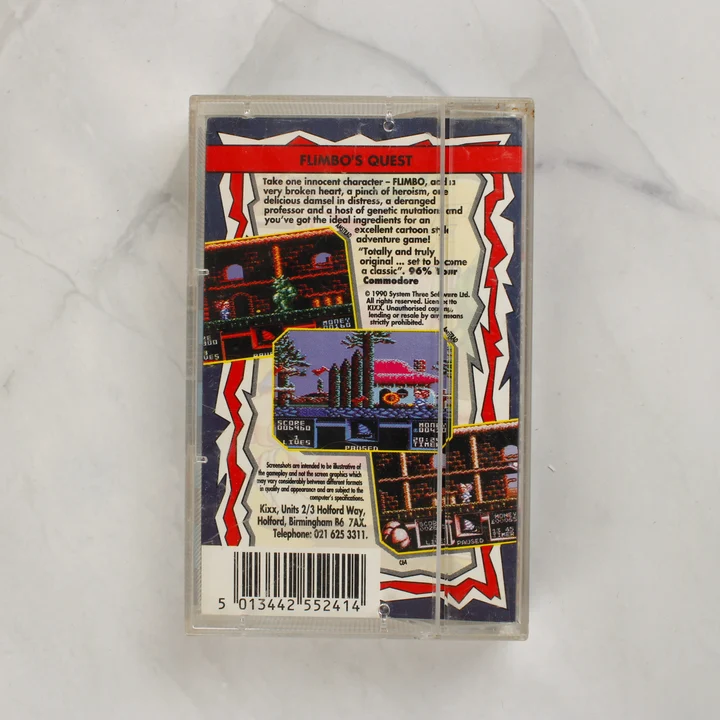 Flimbo's Quest Commodore 64 játék kazetta tokban hátulról