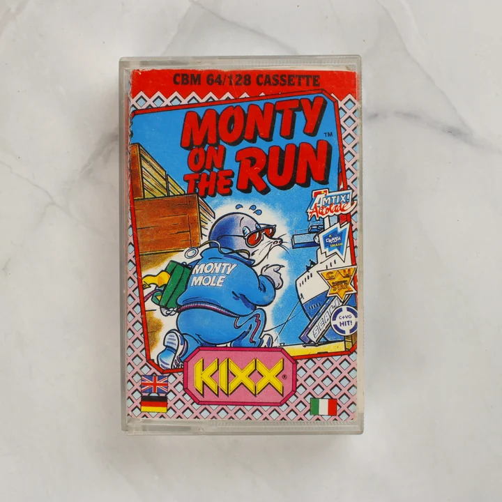 Monty on the Run Commodore 64 videójáték kazetta tokban elölnézetből