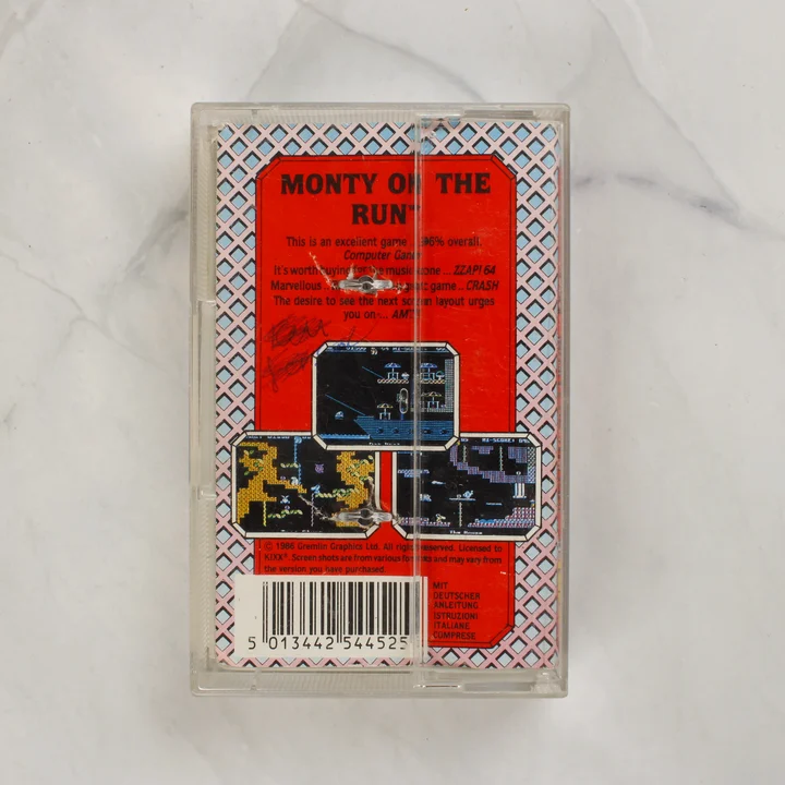 Monty on the Run Commodore 64 videójáték kazetta tokban hátulnézetből