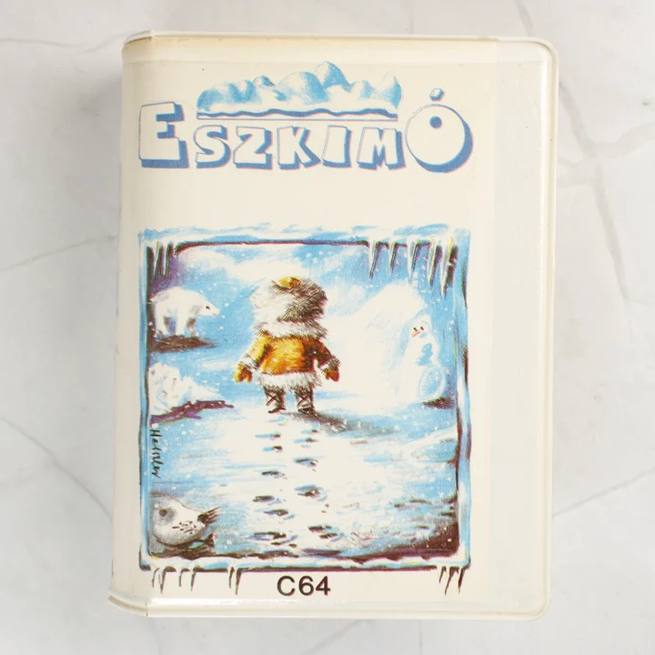 Eszkimó C64 borító Az Eszkimó Commodore 64 játék elülső borítója fehér műanyag tokban.