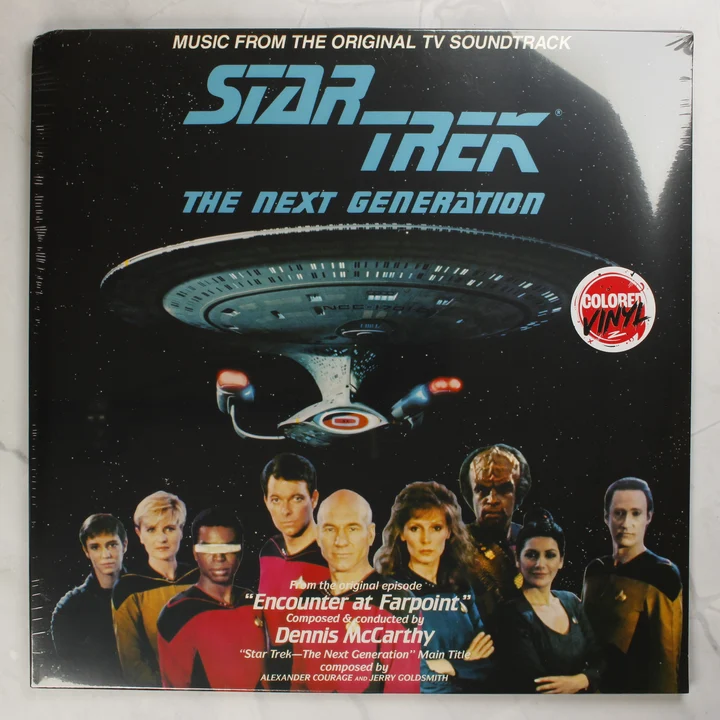 Star Trek: The Next Generation filmzene bakelit lemez borítója az Enterprise űrhajóval és a legénységgel