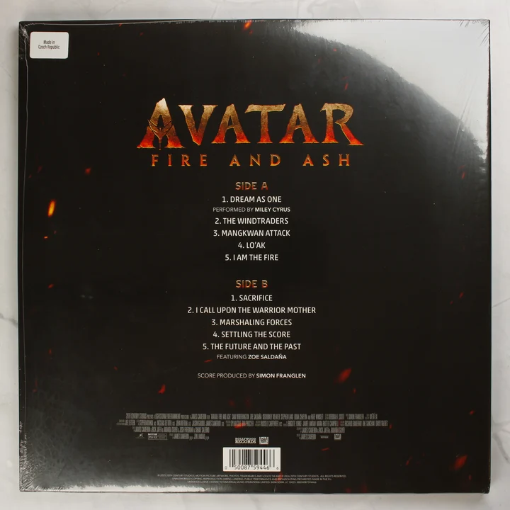 Avatar: Fire and Ash filmzene bakelit lemez hátoldala számlistával