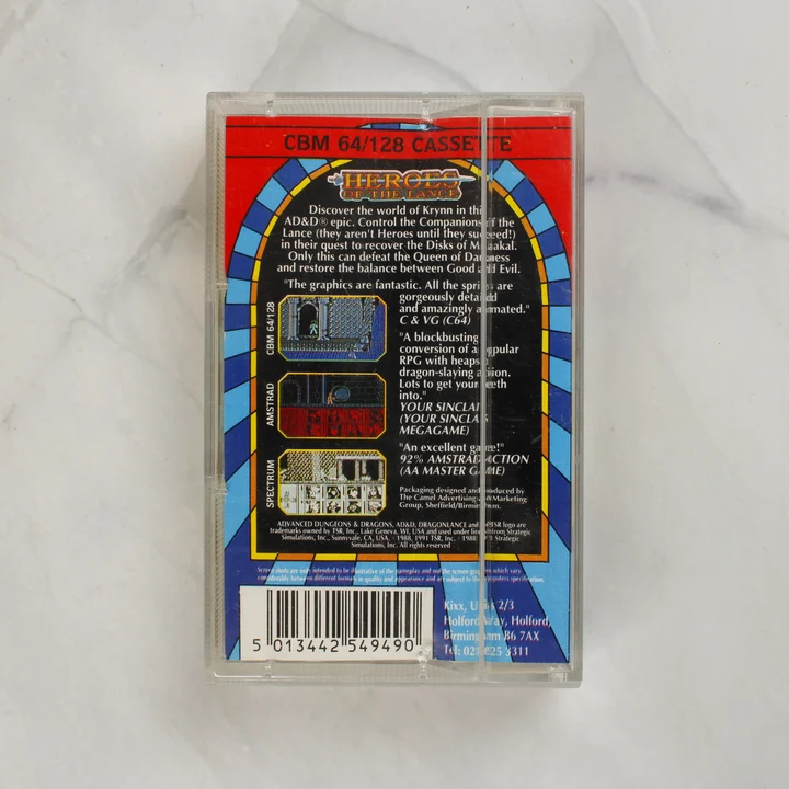 Heroes of the Lance C64 videójáték kazetta tokban hátulnézetből