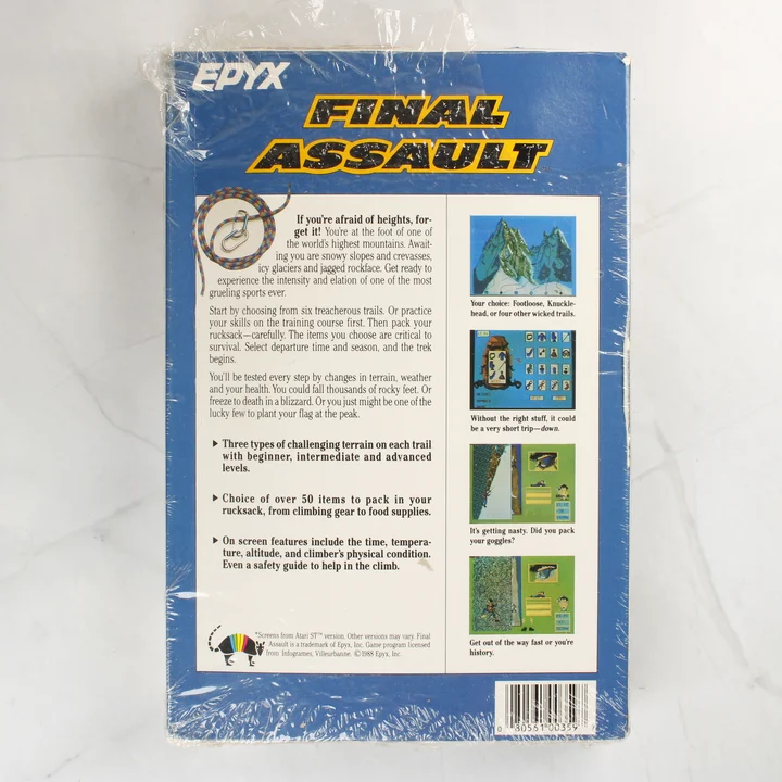 Final Assault C64 doboz hátlap Final Assault videójáték dobozának hátoldala leírással és képernyőfotókkal