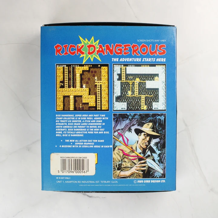 Rick Dangerous Commodore 64 játék dobozának hátoldala képernyőfotókkal