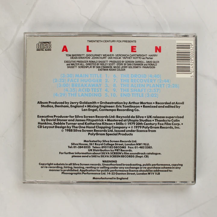 Az Alien filmzene CD hátlapja a számlistával