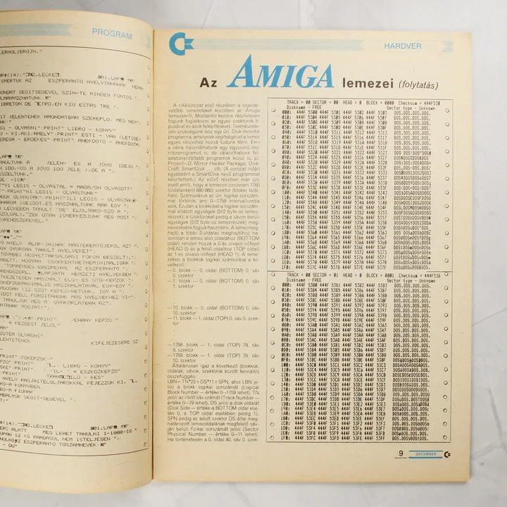 A Commodore Újság belső oldala az Amiga lemezeiről szóló cikkel