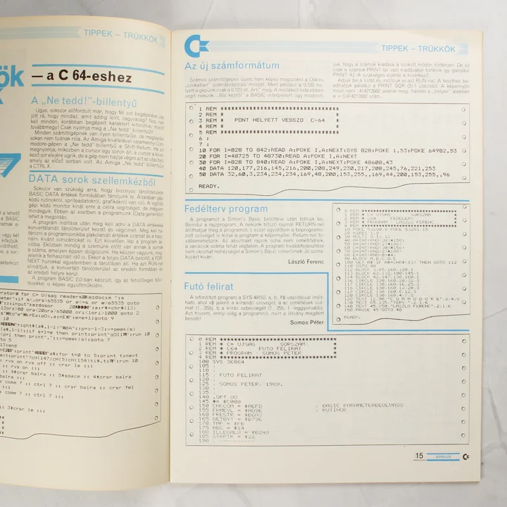 A Commodore újság belső oldala BASIC programkódokkal és tippekkel.