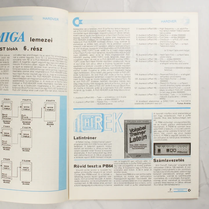 A Commodore újság belső oldala hardveres és szoftveres hírekkel