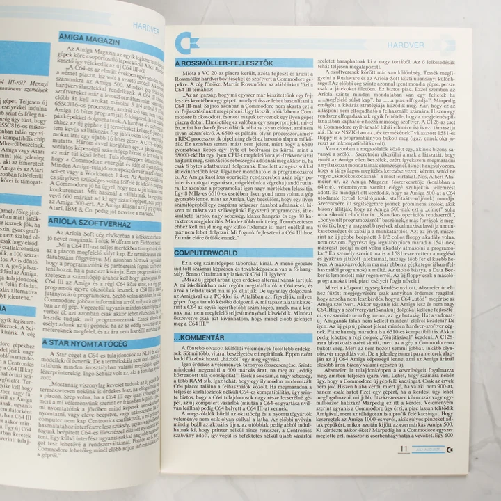 A C-újság hardver rovatának oldala Amiga és Commodore hírekkel.