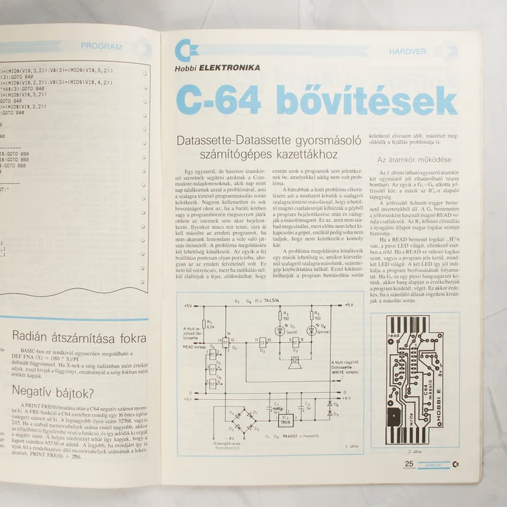 A Commodore Újság belső oldala C-64 bővítésekről és kapcsolási rajzról.