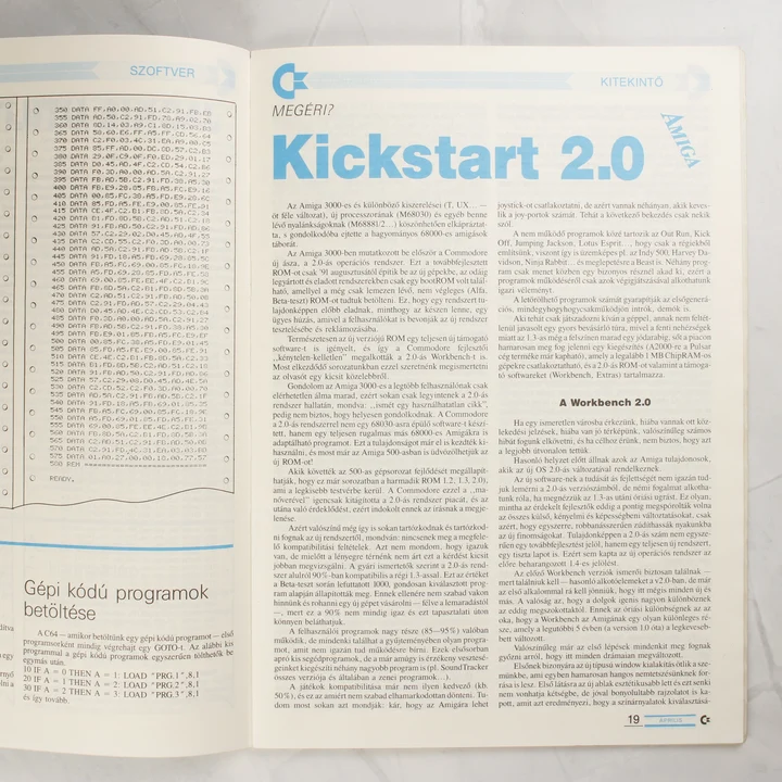A Commodore Újság belső oldala a Kickstart 2.0 bemutatásával.