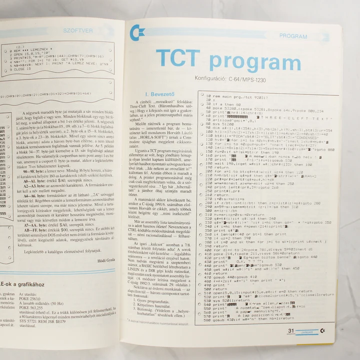 A Commodore újság belső oldala programkóddal és szoftverleírással