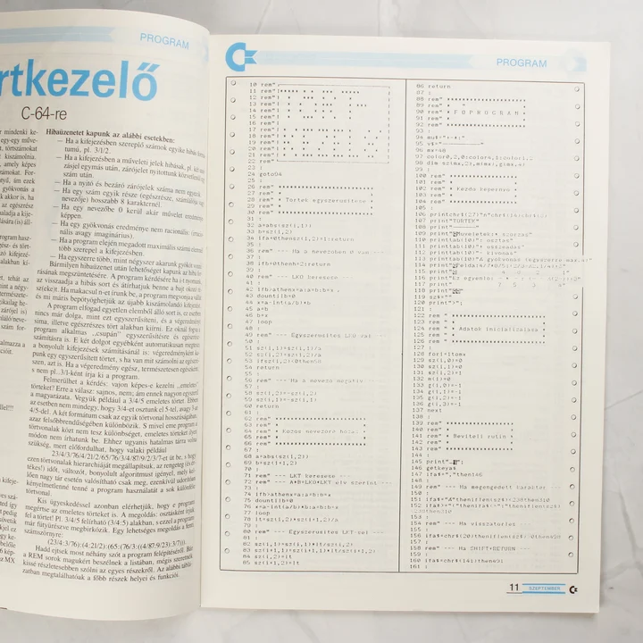 A Commodore Újság egyik belső oldala programkóddal.