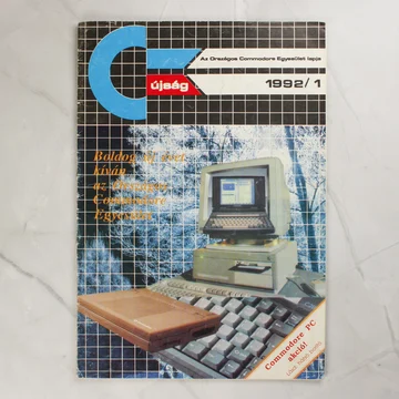A C-újság 1992/1-es számának színes borítója egy Commodore számítógéppel.