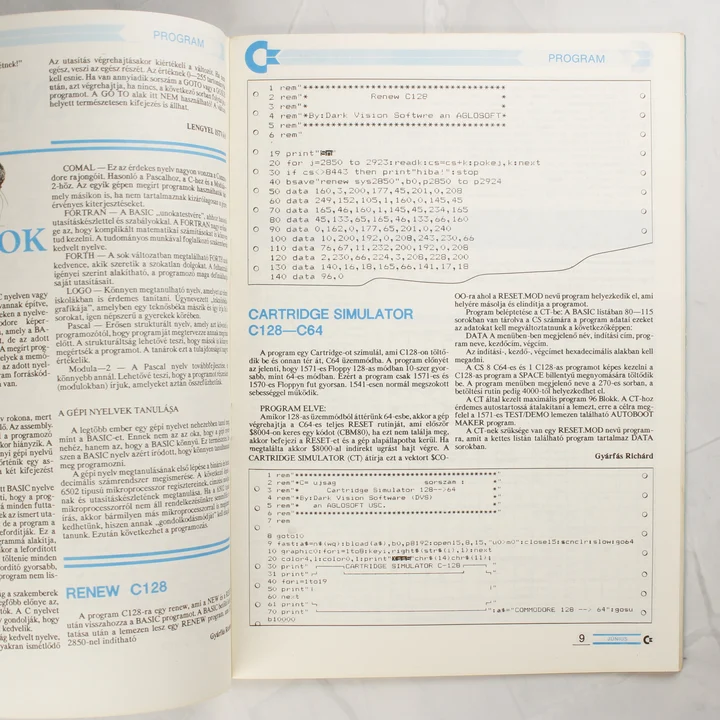 A C újság programkódokat tartalmazó oldala Commodore 128 és C64 gépekhez.