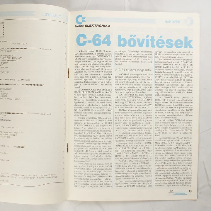 A C-újság hardver rovatának oldala a C-64 bővítőkről.