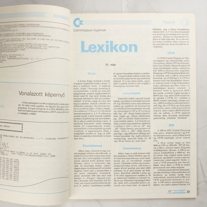 A C-újság belső oldala számítástechnikai lexikonnal és programkóddal.