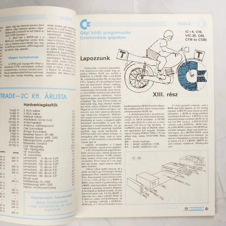 A C-újság belső oldala gépi kódú programozás leírással és árlistával.