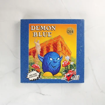 A Demon Blue videójáték dobozának előlapja egy kék lénnyel és C64 felirattal.