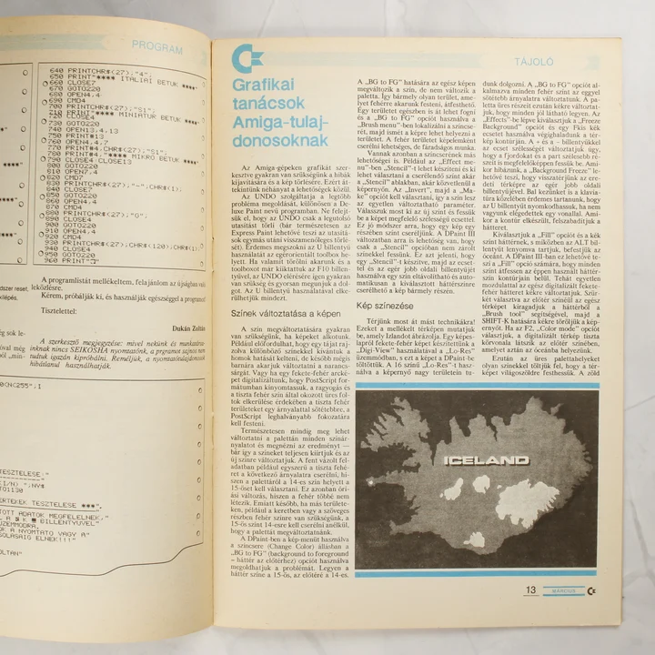 A Commodore Újság belső oldala grafikai tanácsokkal és programkóddal