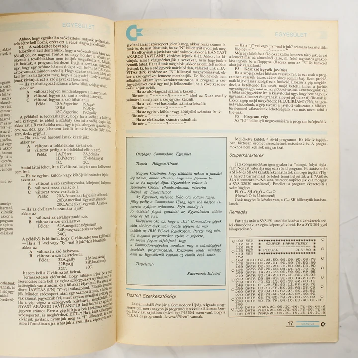 A Commodore Újság belső oldala olvasói levelekkel és programlistával