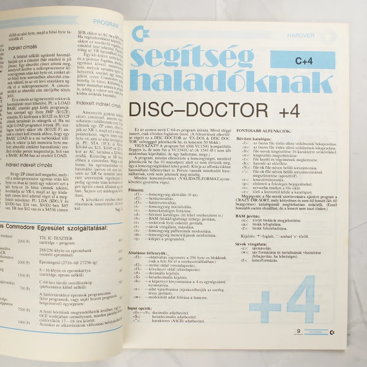 A Commodore újság belső oldala Disc-Doctor programleírással.