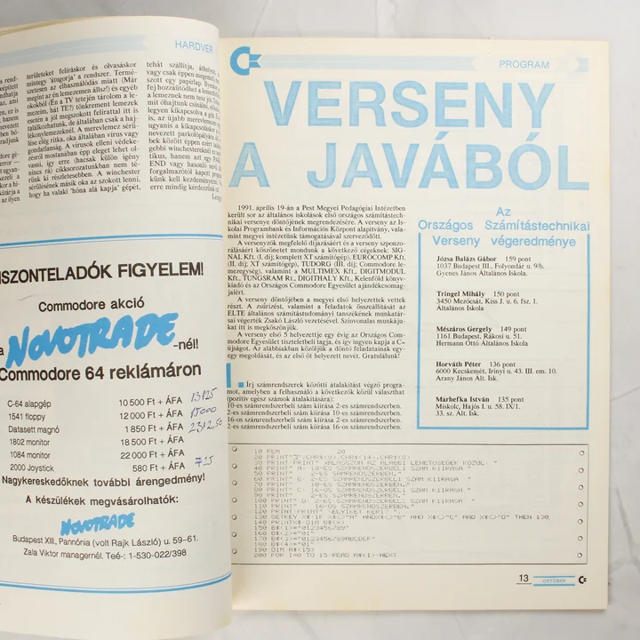 A Commodore újság belső oldala Novotrade hirdetéssel és versenyeredményekkel.