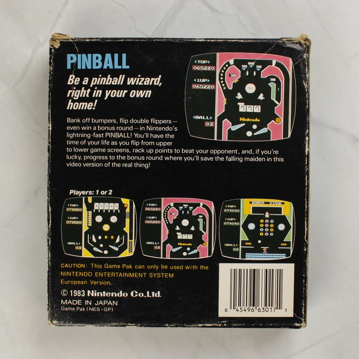 A Pinball NES játék dobozának hátoldala