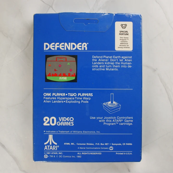 Atari Defender videójáték dobozának hátoldala