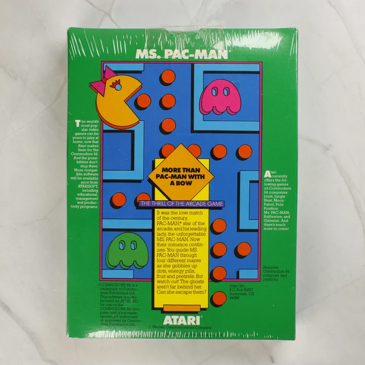 Ms. Pac-Man Commodore 64 videójáték dobozának hátoldala