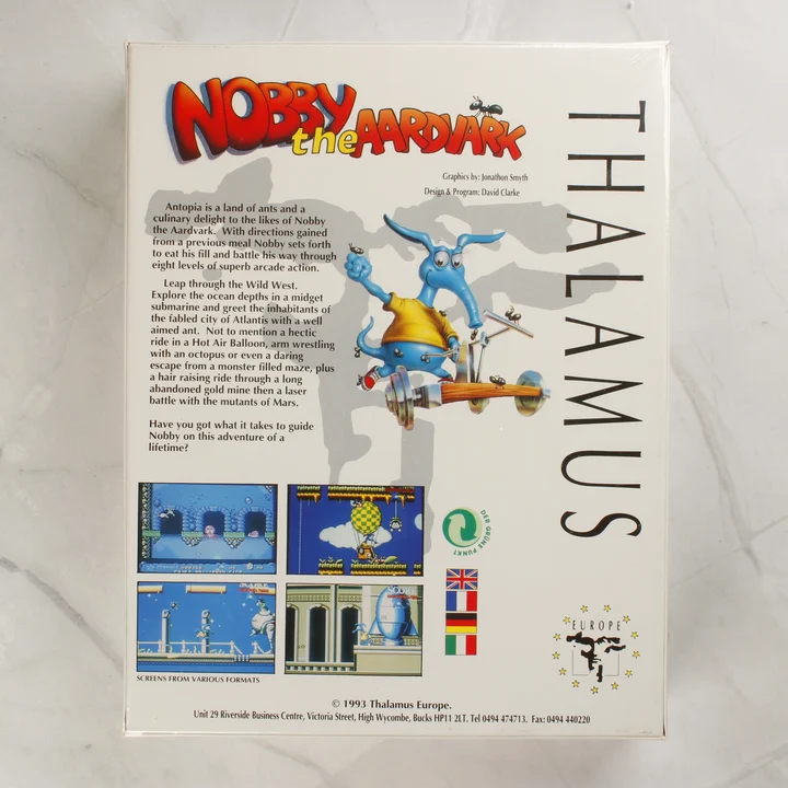 Nobby the Aardvark C64 játék dobozának hátoldala