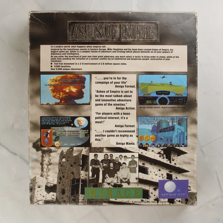 Ashes of Empire Amiga játék dobozának hátoldala